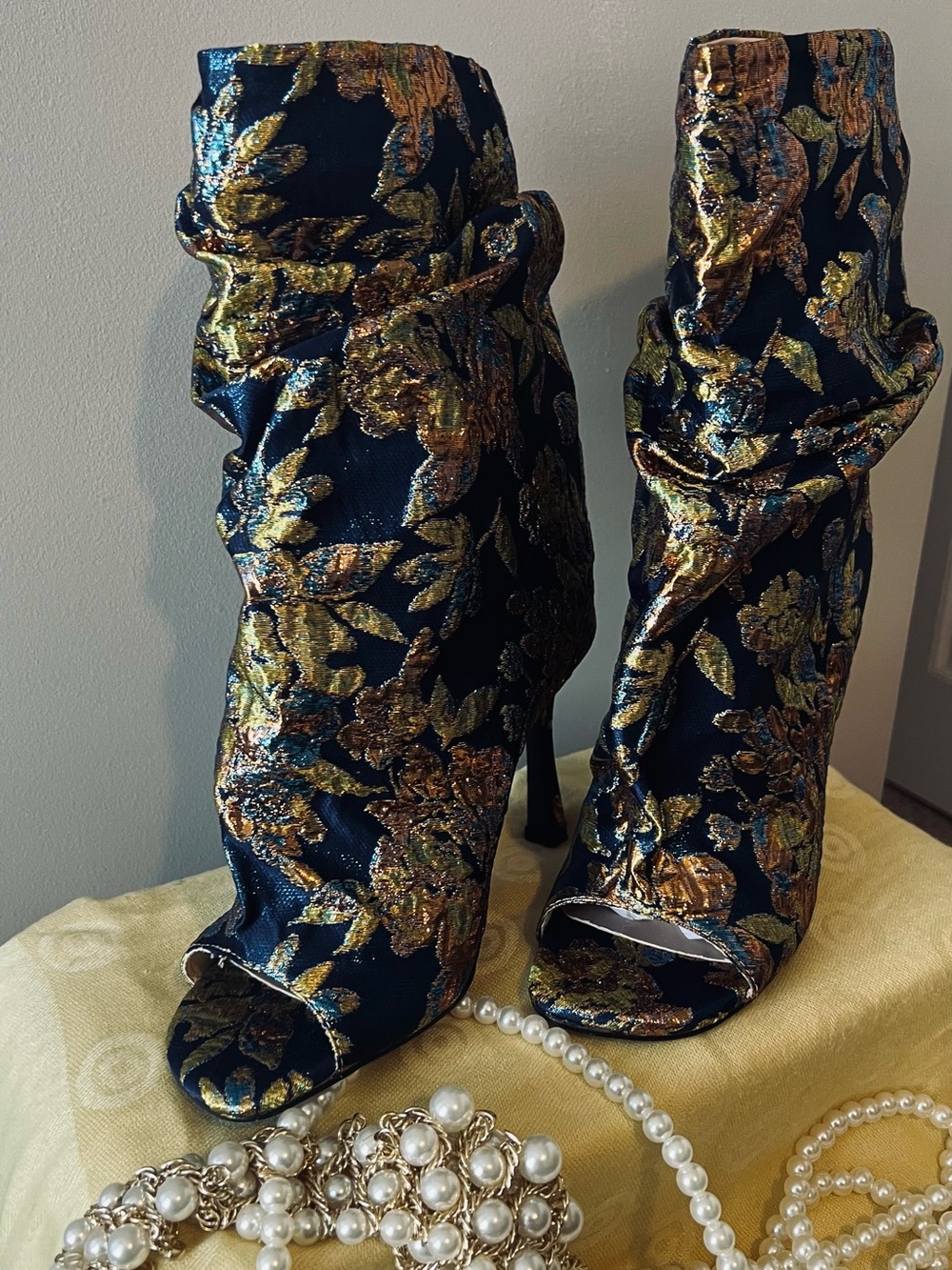 AKIRA Navy Floral Embroidered Slouch Peep-Toe Stiletto Boot - Picture 2 of 8